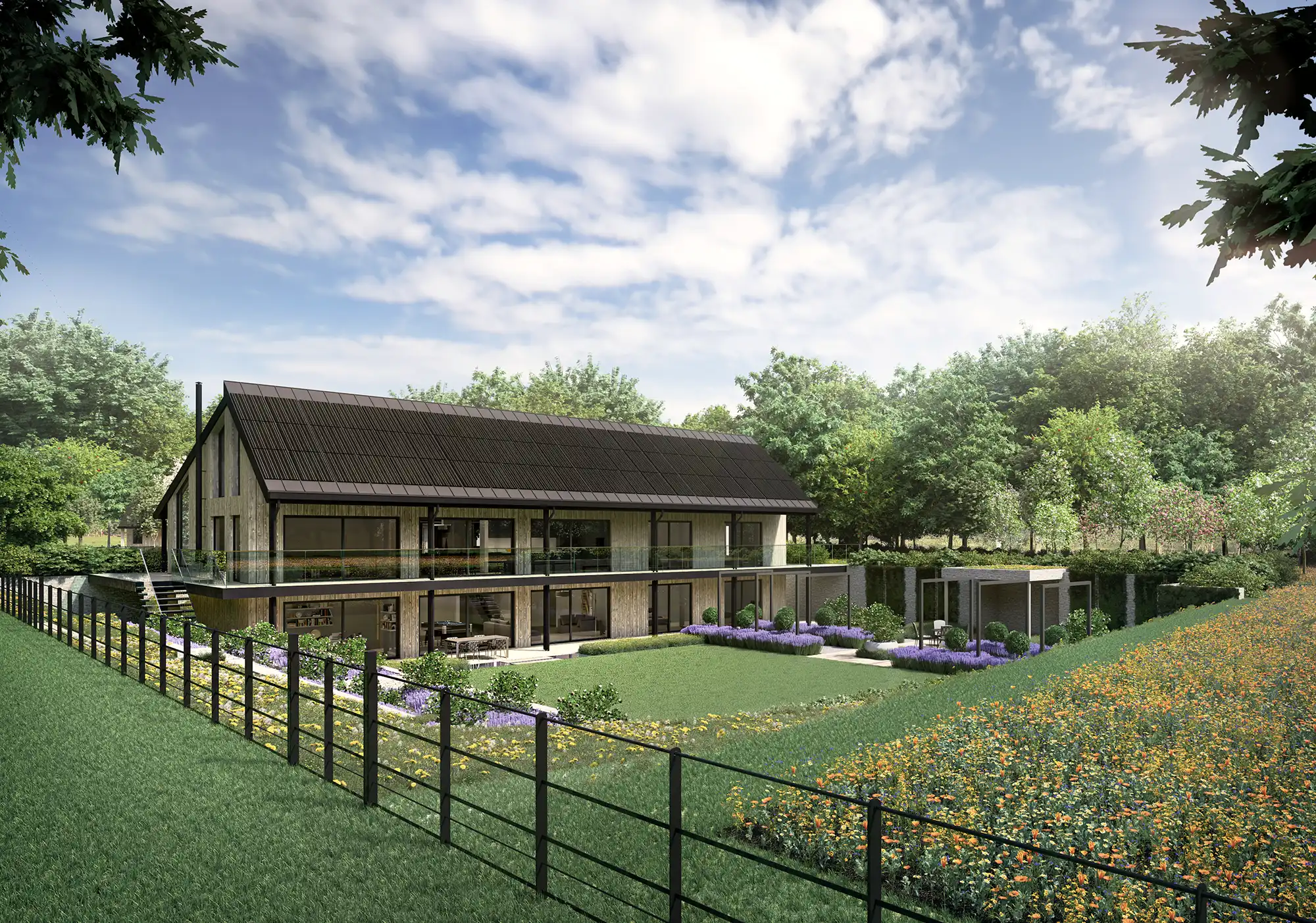 Exterior CGI of a contemporary two storey house with large glazing and landscaped garden.