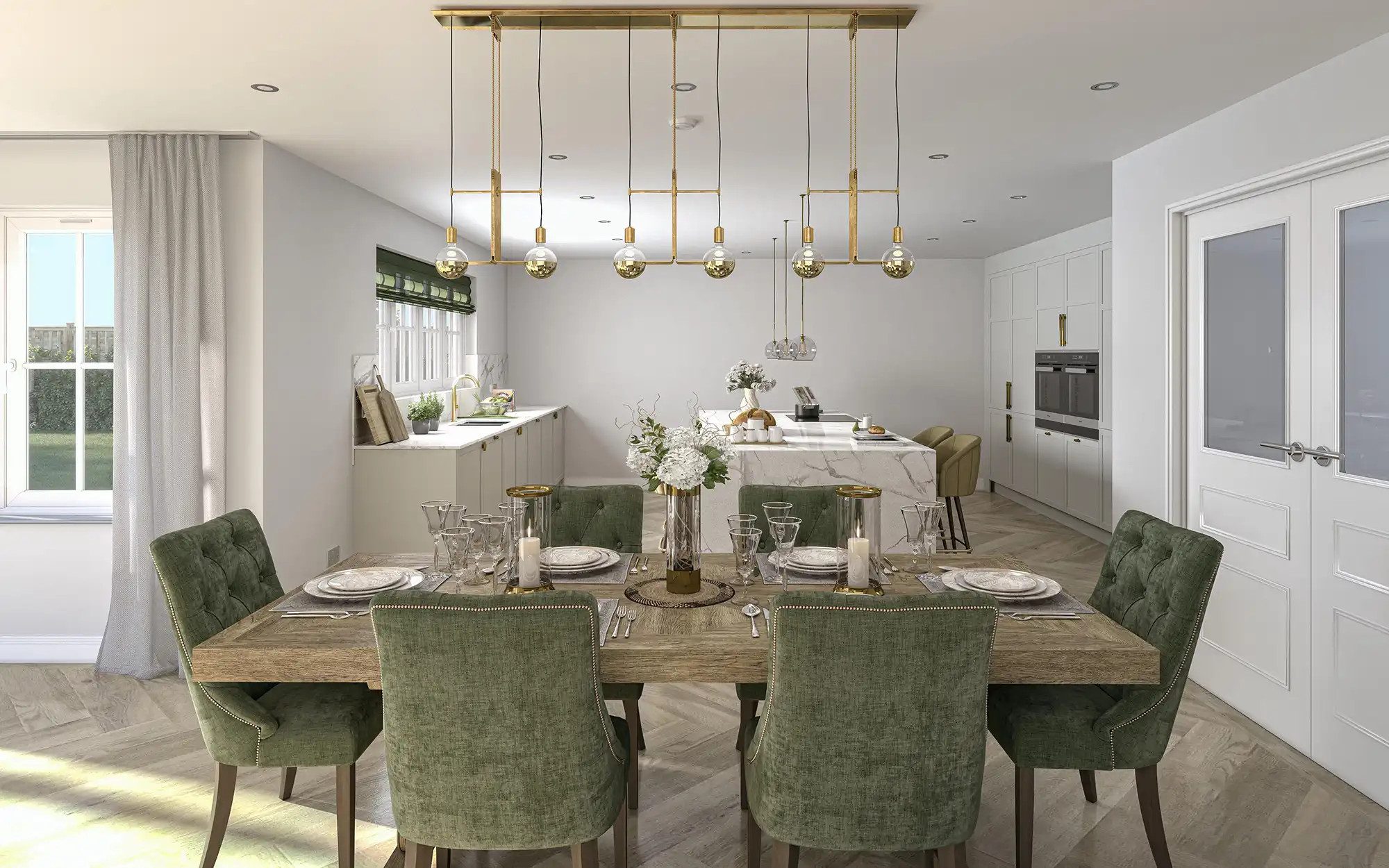 Modern dining room interior CGI. Interior CGI of a dining room with long wooden table, green upholstered chairs, and gold chandelier.