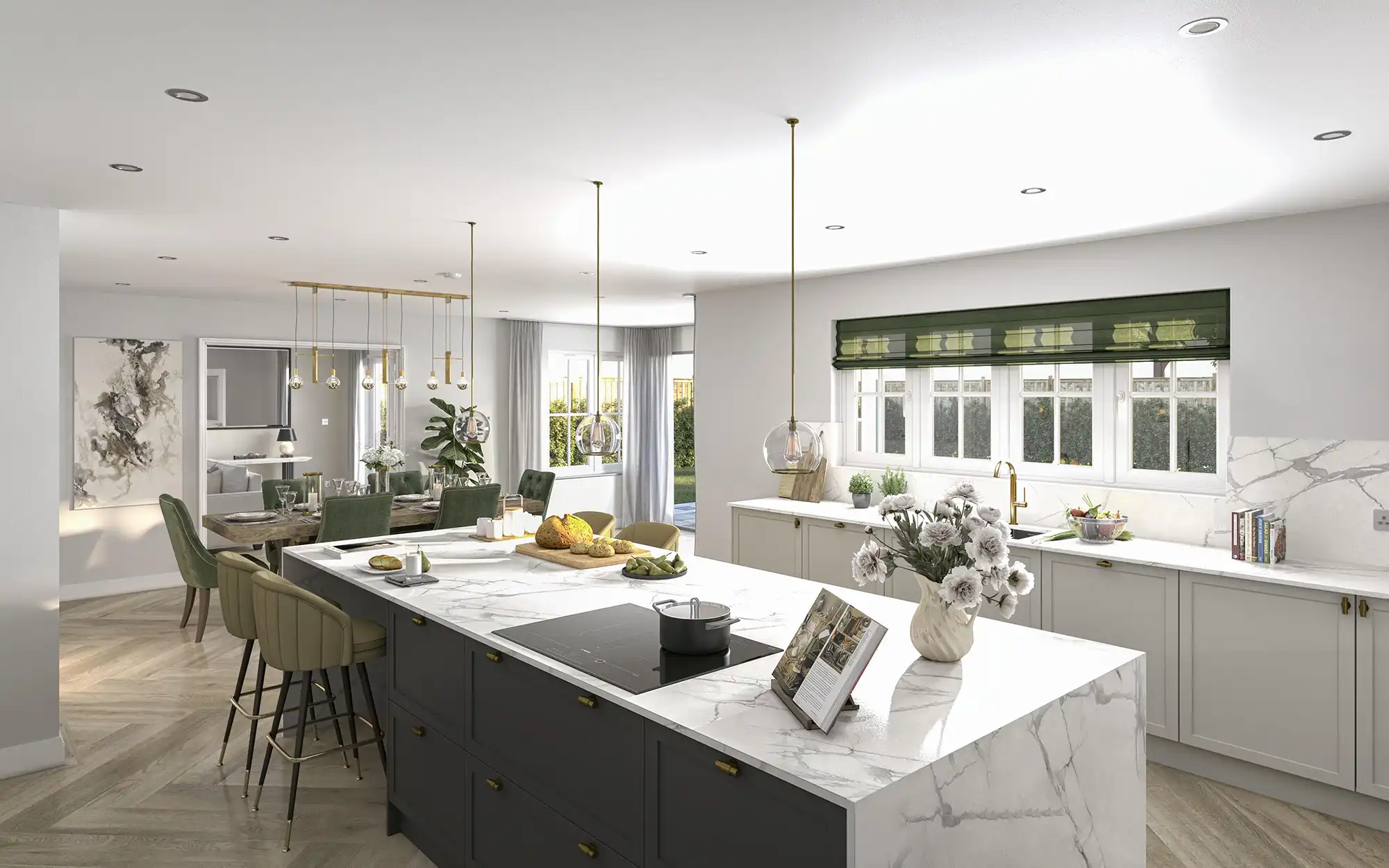 Interior CGI of a modern kitchen with large island, pendant lights, marble countertops, and integrated appliances.