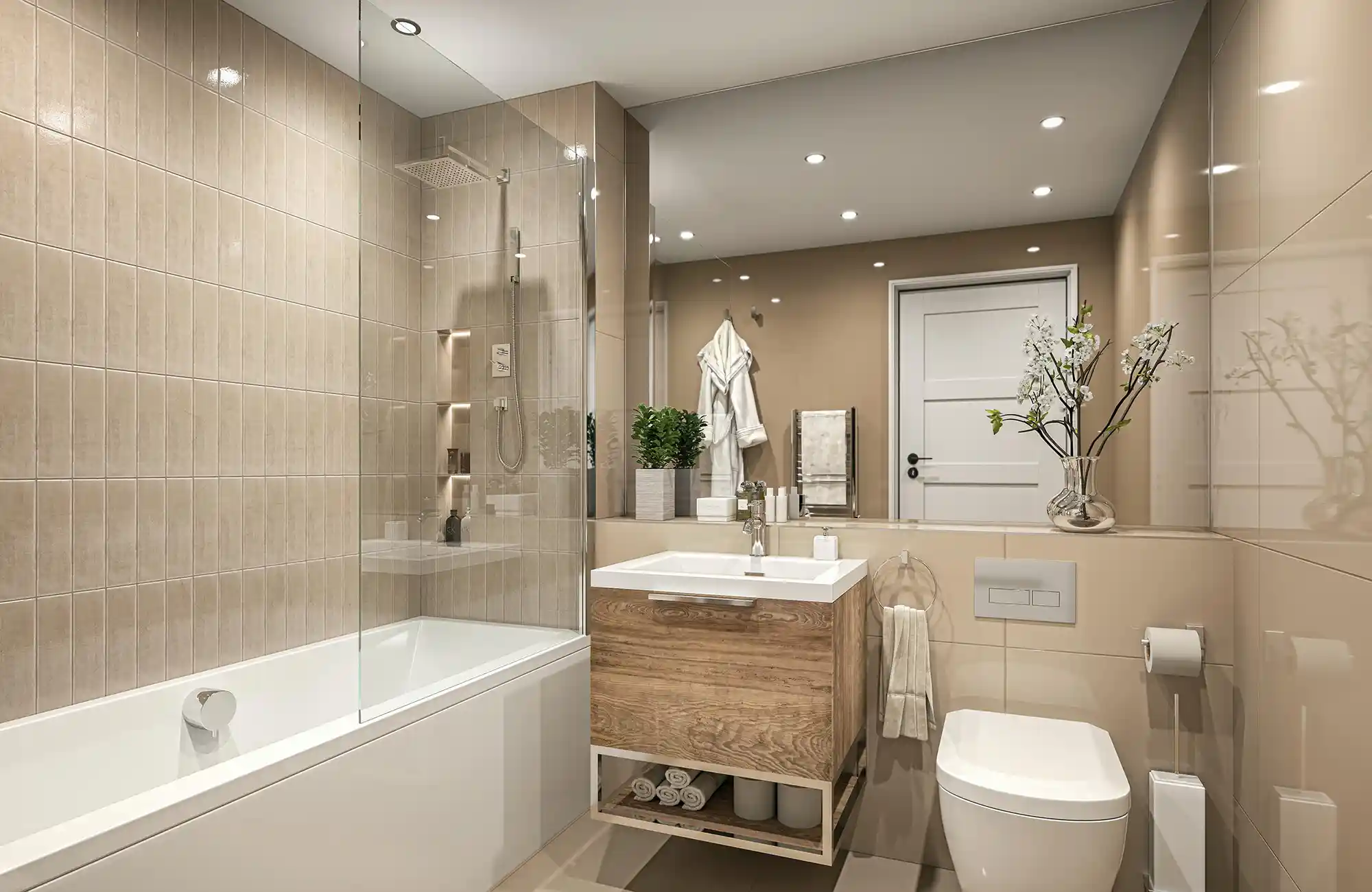 Modern bathroom interior CGI. Interior CGI of a modern bathroom with bathtub, glass shower, beige tiles, and recessed lighting.