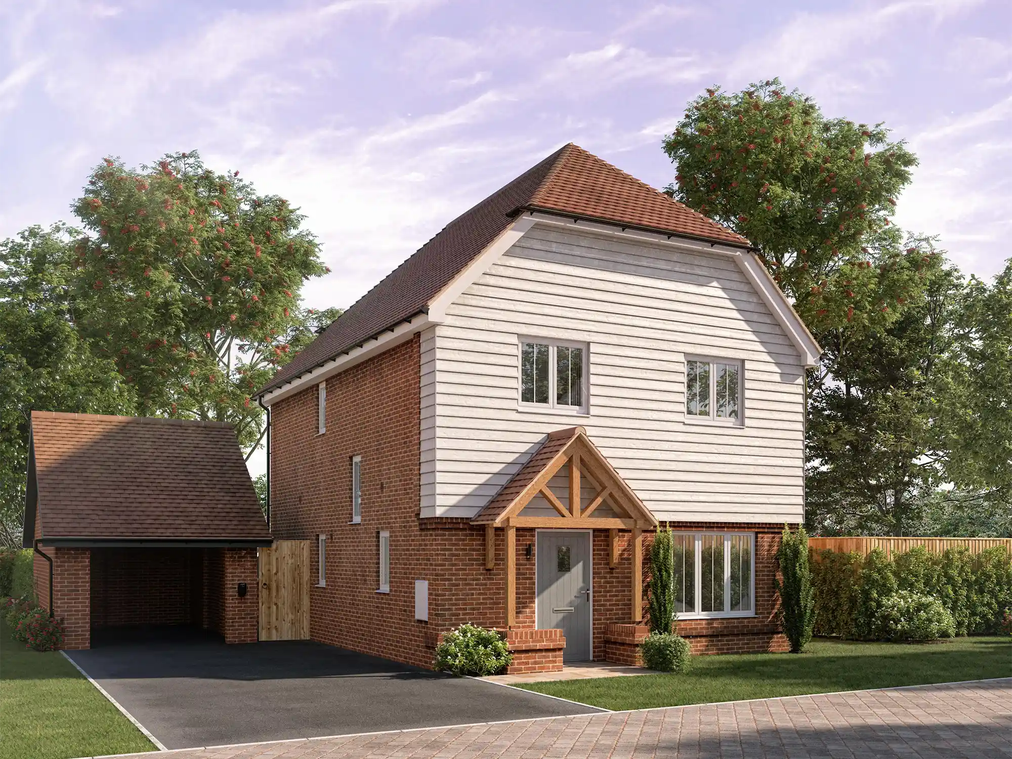 Modern residential front CGI. Exterior CGI of a two storey detached home with brick façade, tiled roof, and driveway.