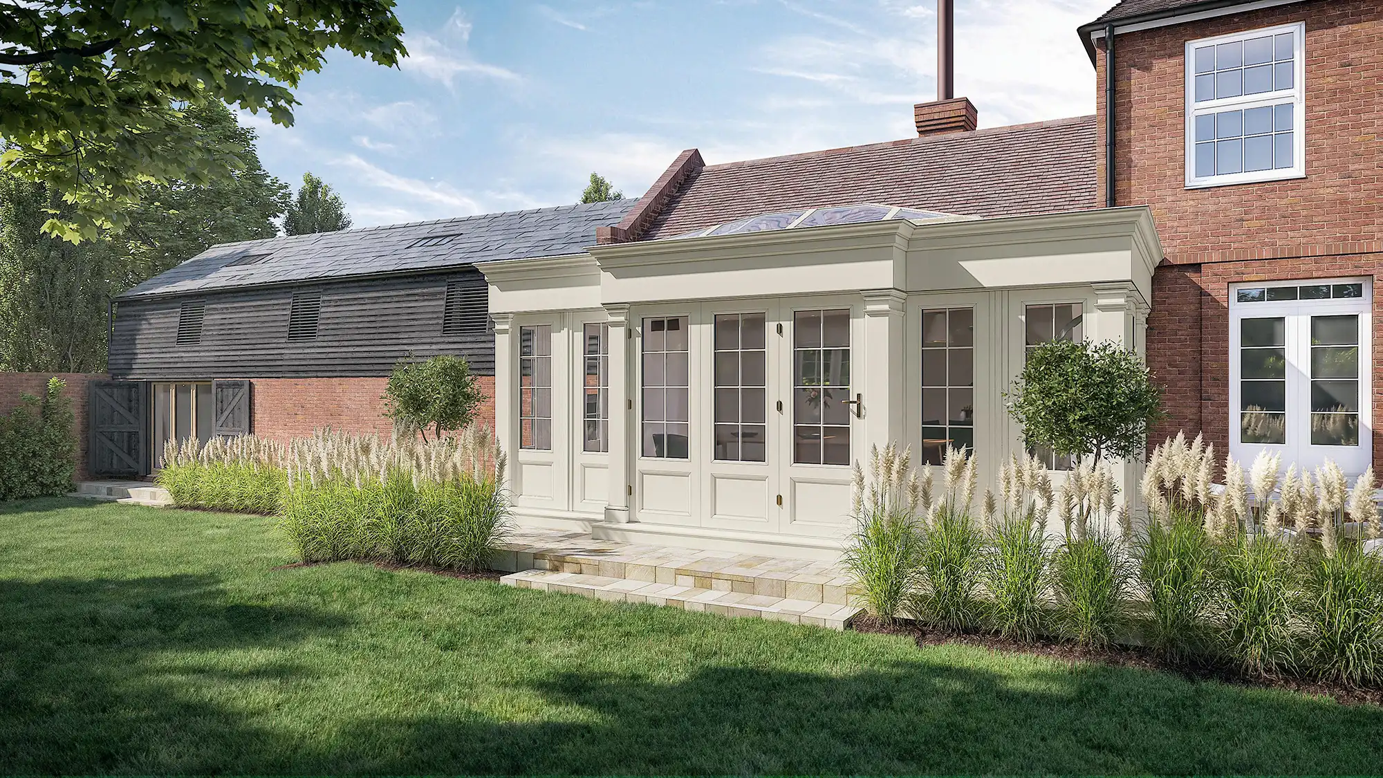 Exterior CGI of a single storey garden room with large windows, French doors, and surrounding greenery.