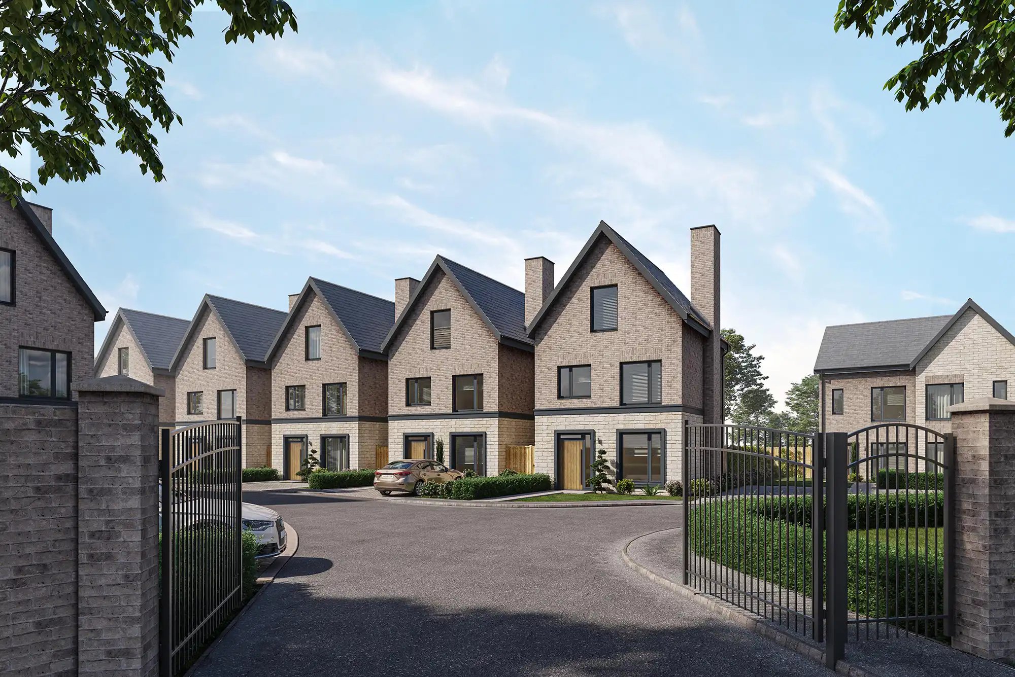 Exterior CGI of newly built semi detached homes with pitched roofs, light facades, and paved driveway.