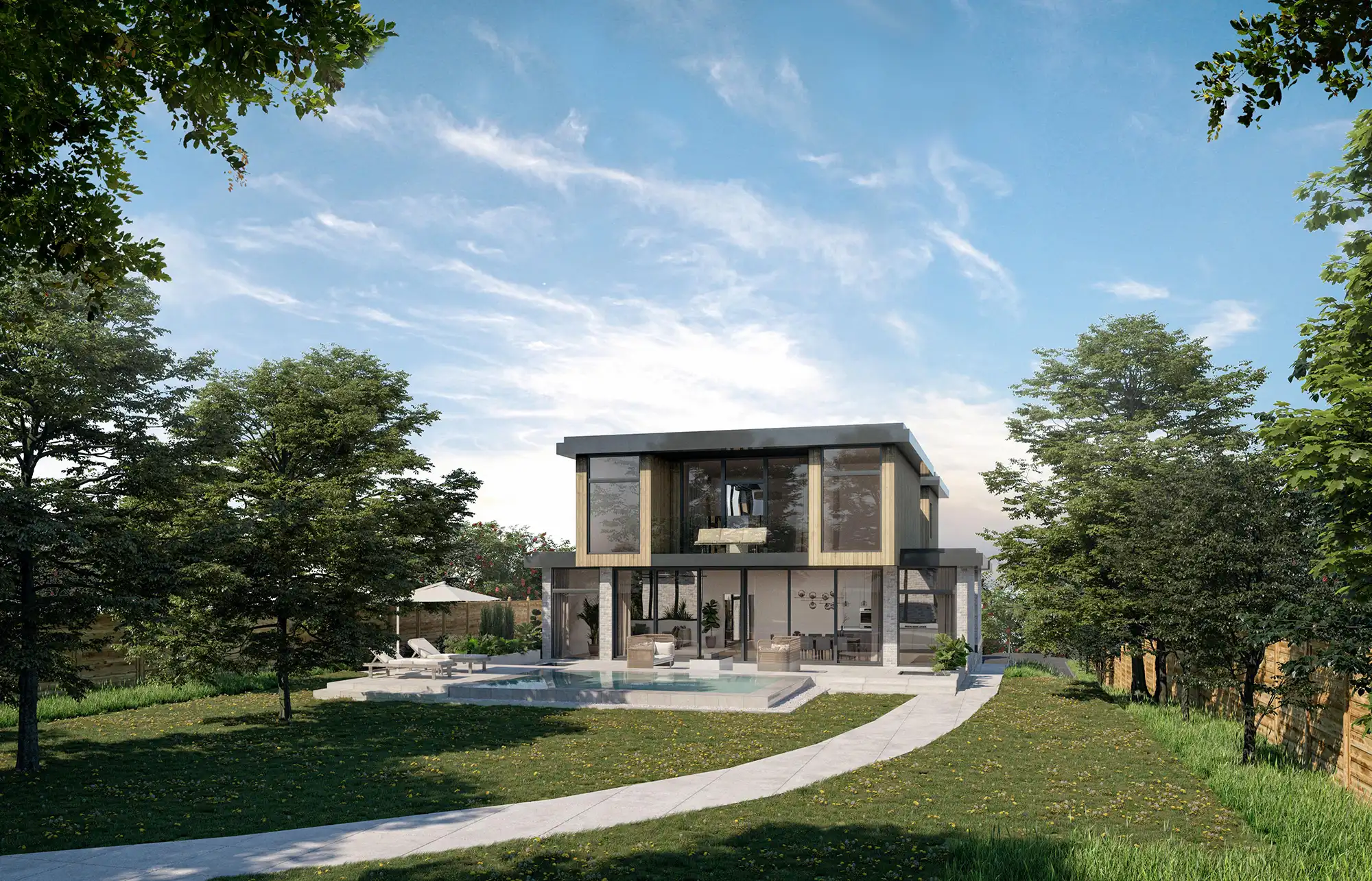 Exterior CGI of a modern two storey home with expansive glazing, lawn, pool, and curved pathway.