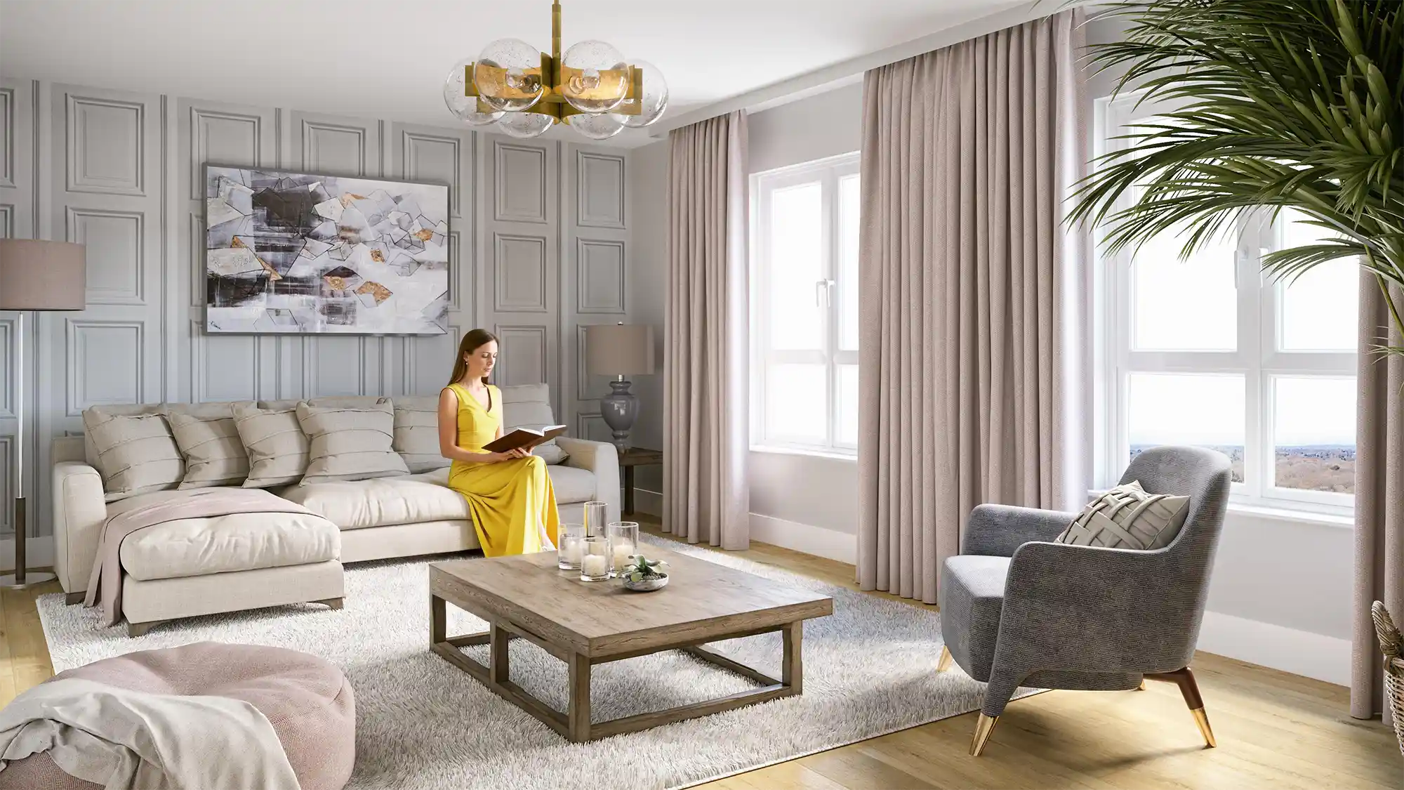 Modern Living Room CGI | Visualtrick Modern living room CGI with warm styling, soft textures and natural light.