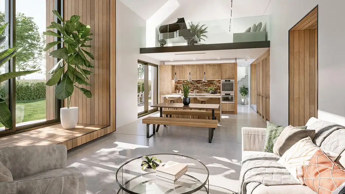 Interior CGI of a modern living room with wooden accents, plants, and contemporary furniture.