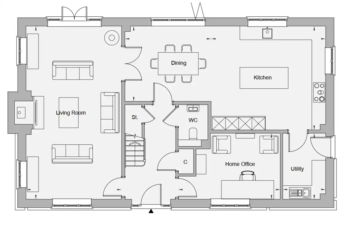 Ground Floor Plan Drawing | Visualtrick Ground floor plan drawing of a modern home with labeled rooms and dimensions.