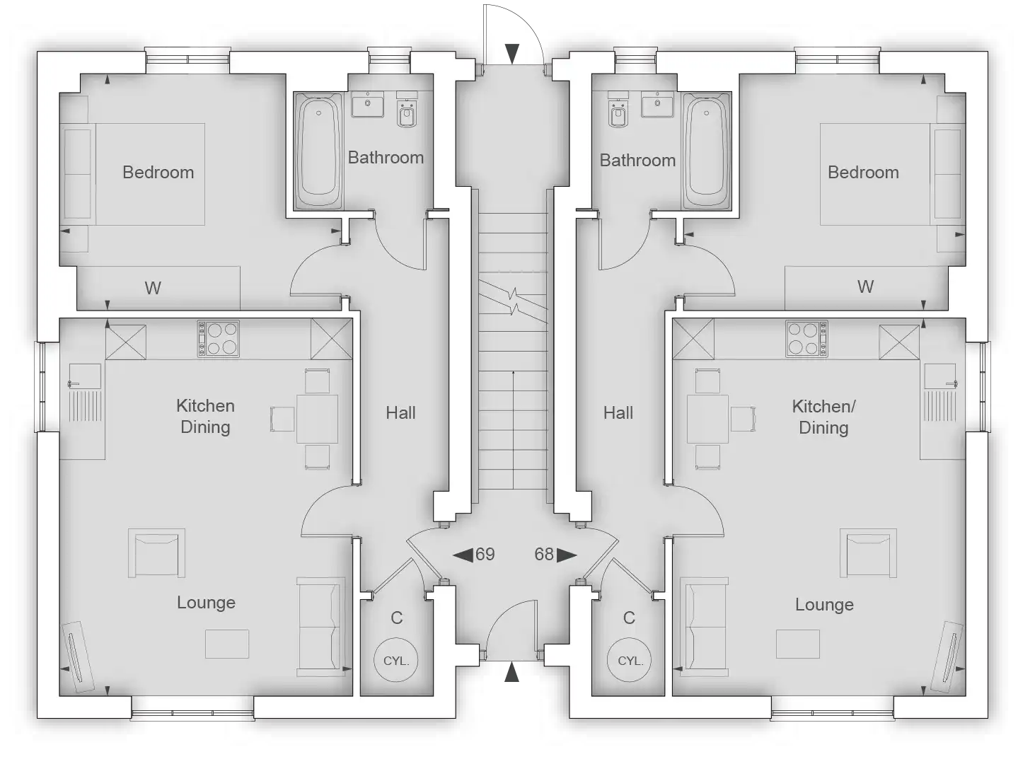 2D Floor Plan Drawing | Visualtrick 2D floor plan drawing of a duplex layout with mirrored residential units and labeled rooms.