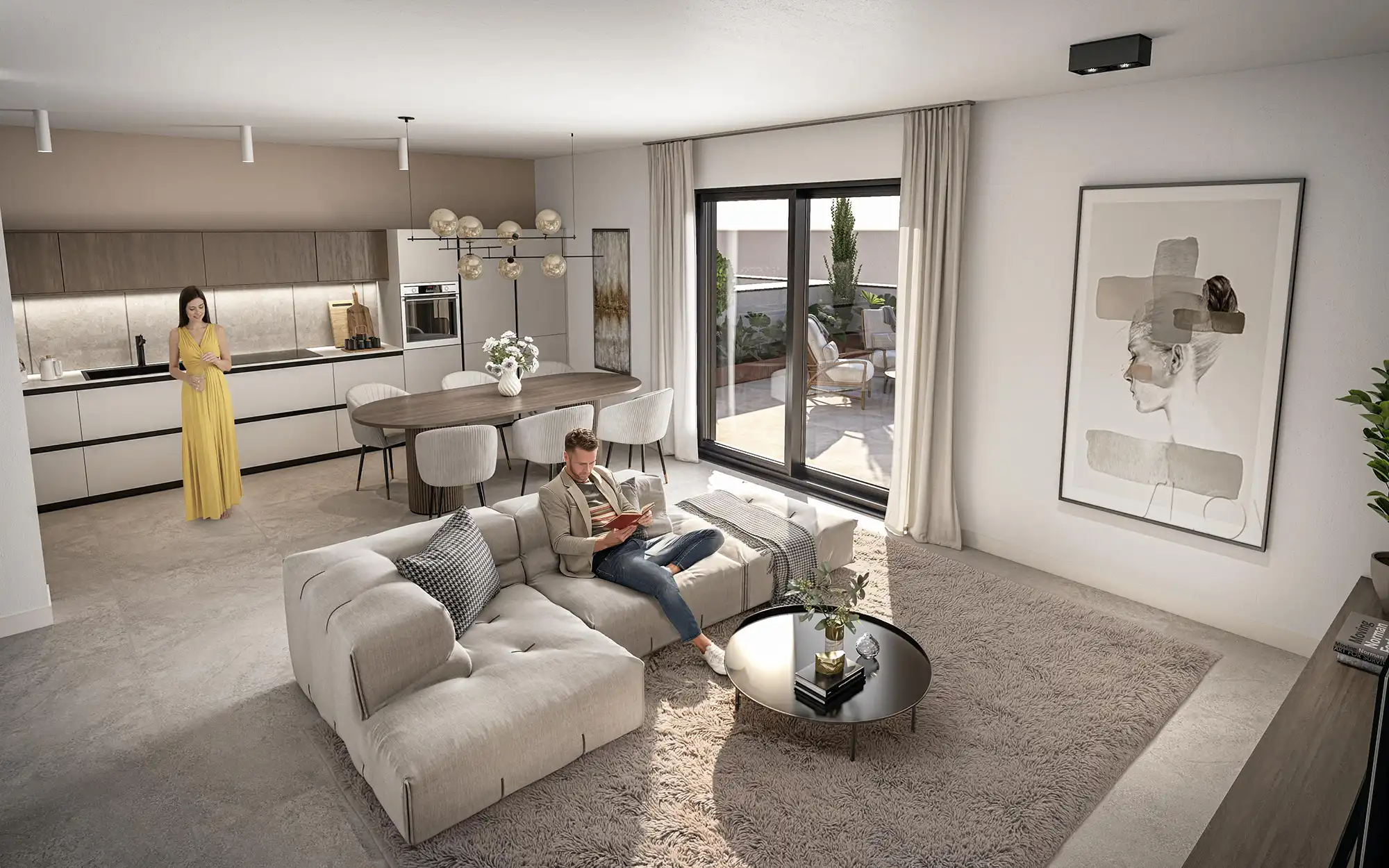 Bright Contemporary Open‑Plan Living Interior CGI with Terrace and Neutral Palette Photorealistic interior CGI showing a man reading on a beige sofa and a woman standing in a minimalist kitchen, with large glass doors opening to a terrace, modern furniture and warm natural light filling the space.