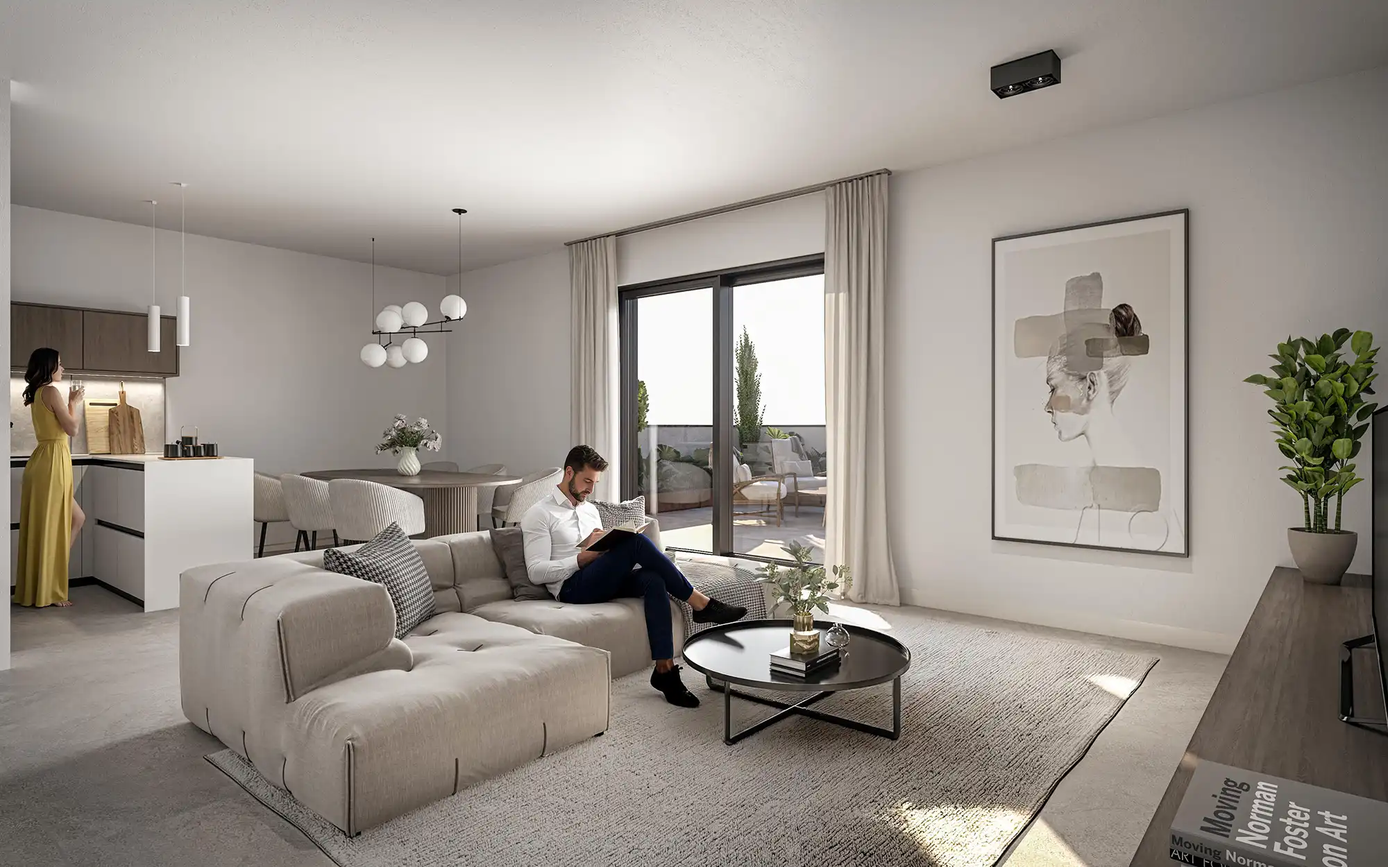Contemporary Open‑Plan Living Interior CGI with Neutral Tones and Terrace Access
