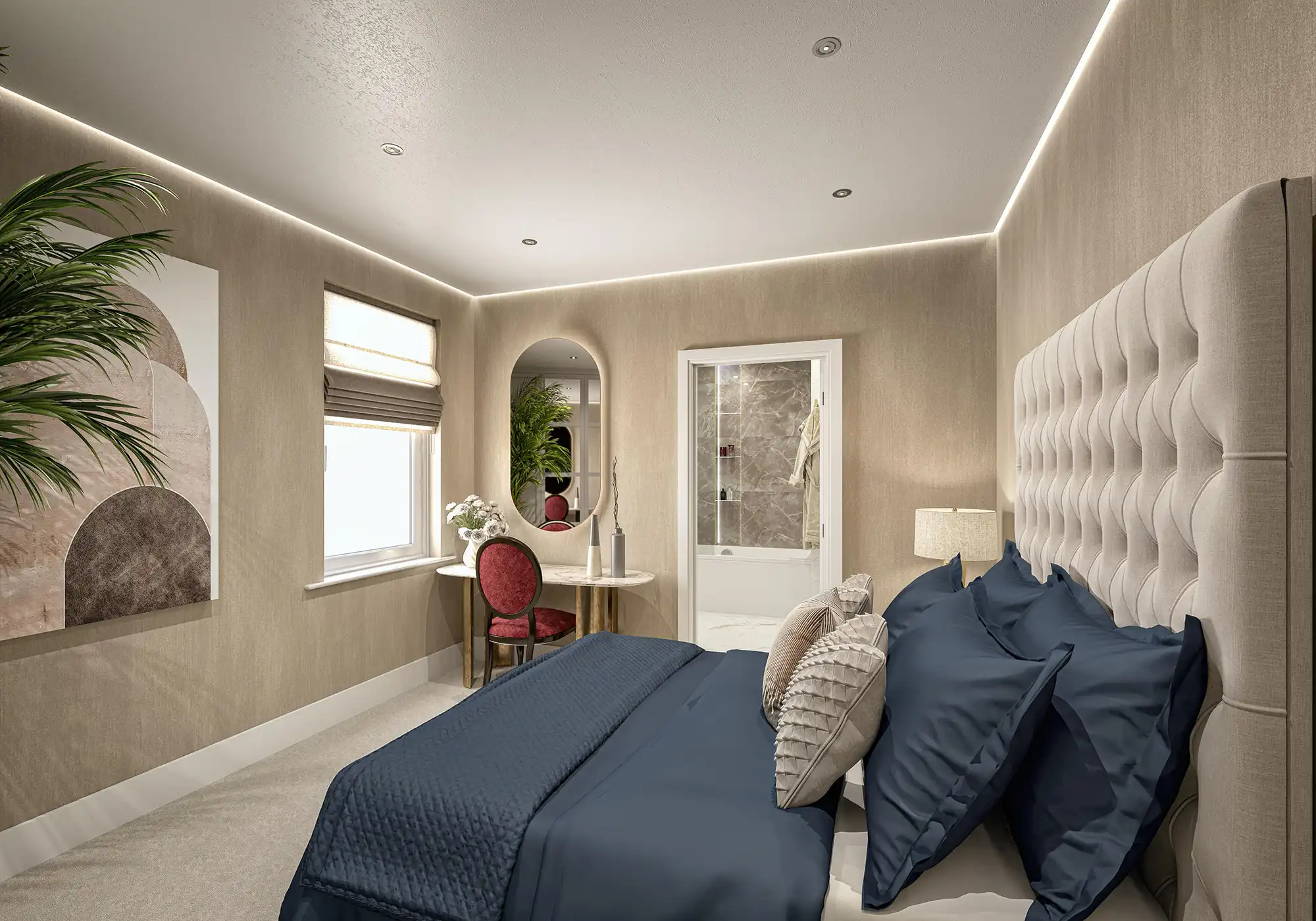 Photorealistic bedroom interior CGI featuring a beige tufted headboard, navy bedding, marble vanity table with red chair, and a doorway leading to a marble‑finished bathroom, illuminated by recessed and LED strip lighting.