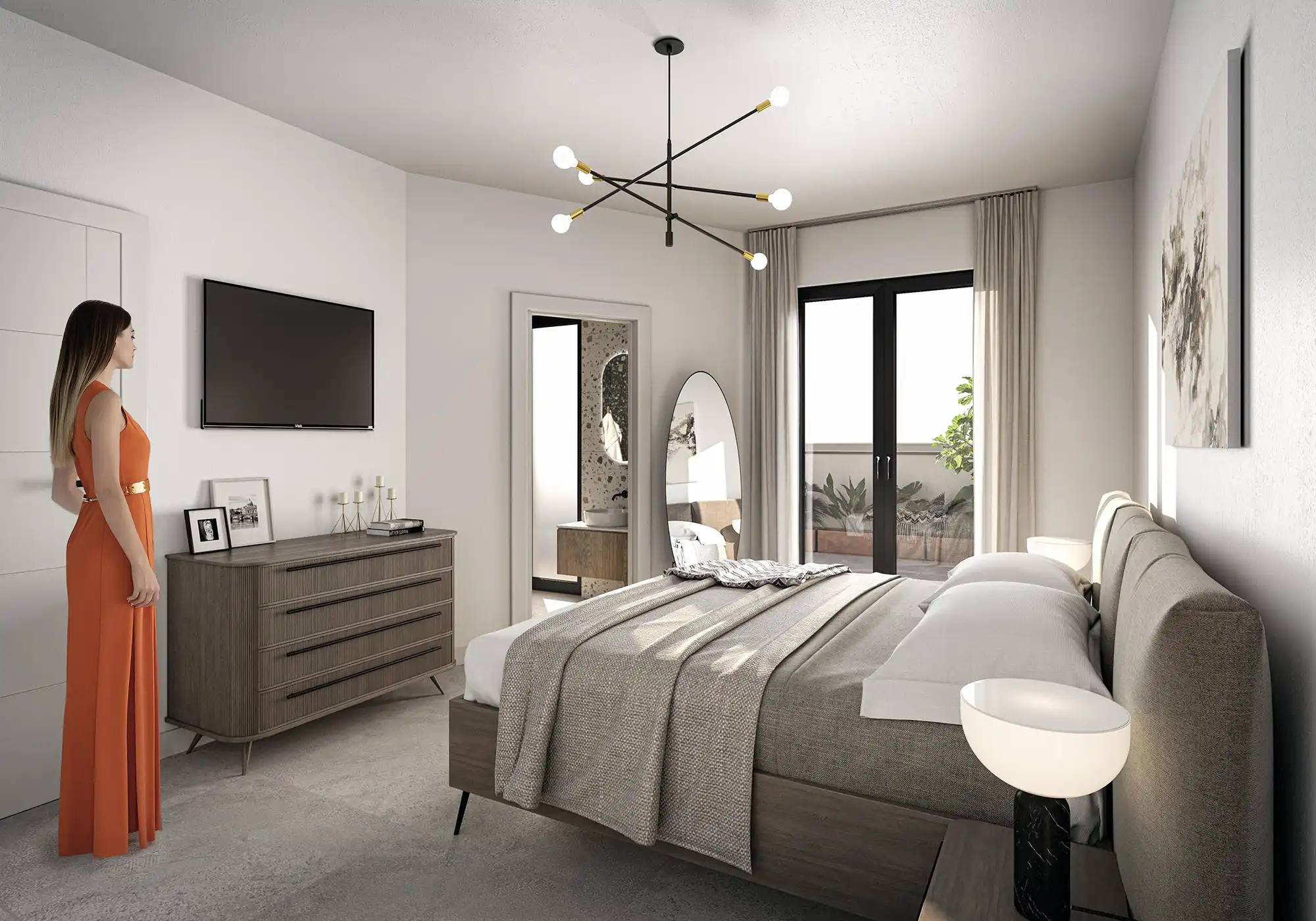 Contemporary Bedroom Interior CGI with Neutral Palette and Modern Lighting Photorealistic bedroom interior CGI showing a woman in an orange dress standing near a wooden dresser, a large bed with beige and grey bedding, modern lighting fixture, and balcony doors letting in natural light.