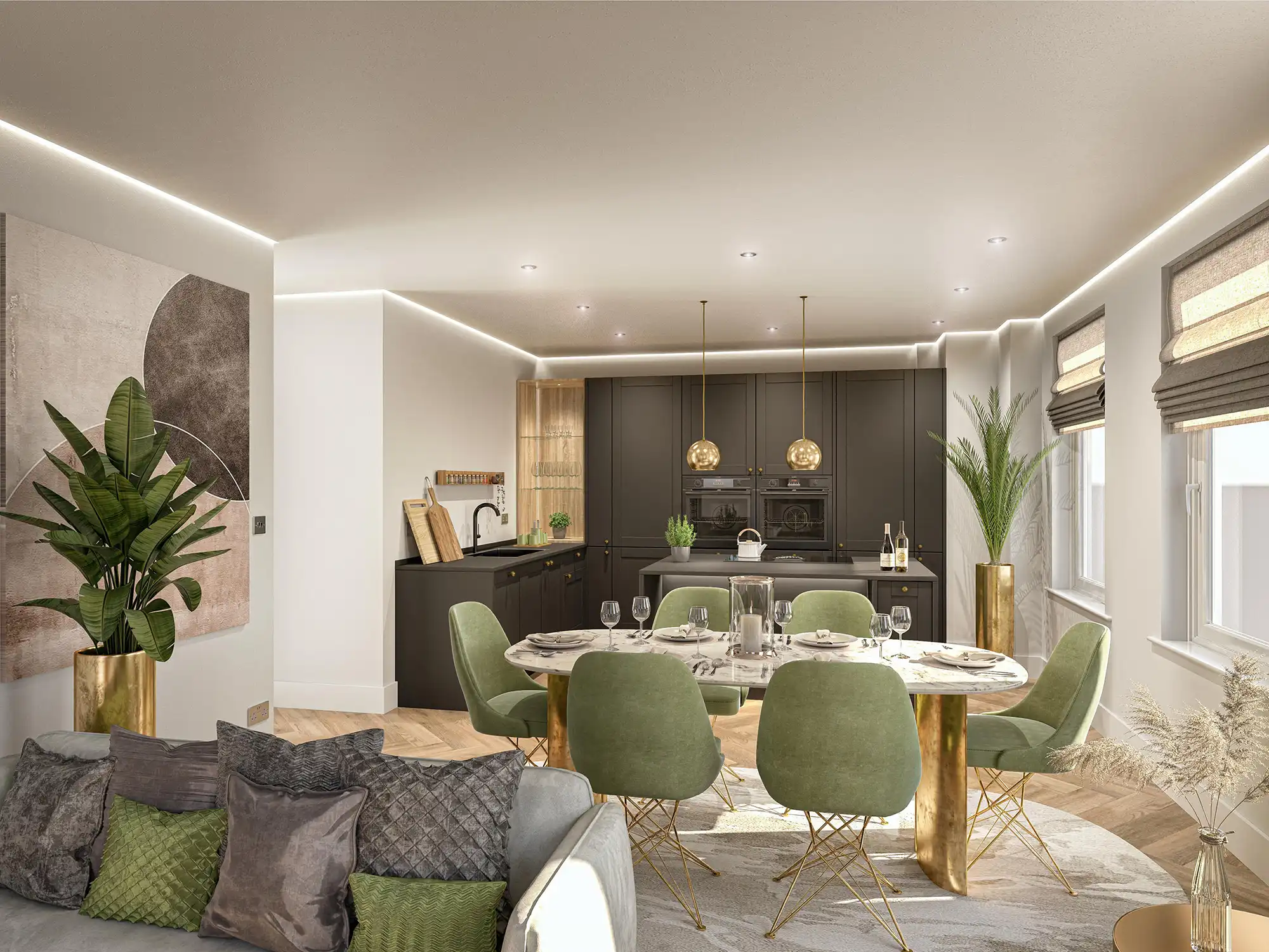 Open‑Plan Kitchen and Dining Interior CGI with Gold and Green Accents Photorealistic interior CGI showing a contemporary kitchen and dining area with dark cabinetry, marble table, green upholstered chairs and gold details, illuminated by soft natural and LED lighting.